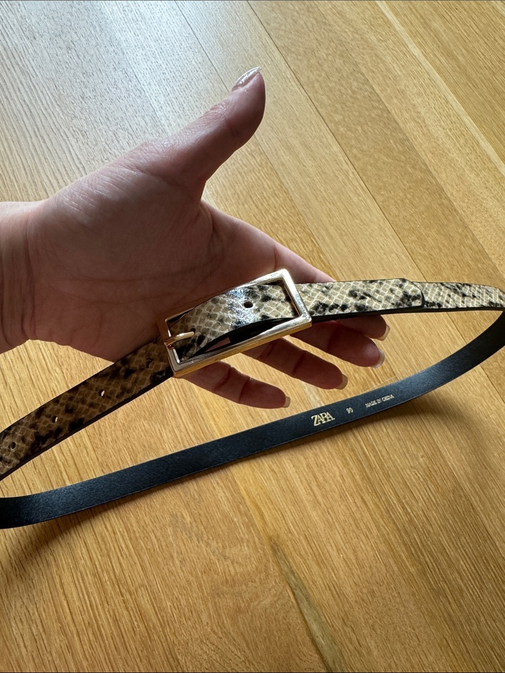 Zara Snake-Print Skinny Belt in Black & Cream gold hardware